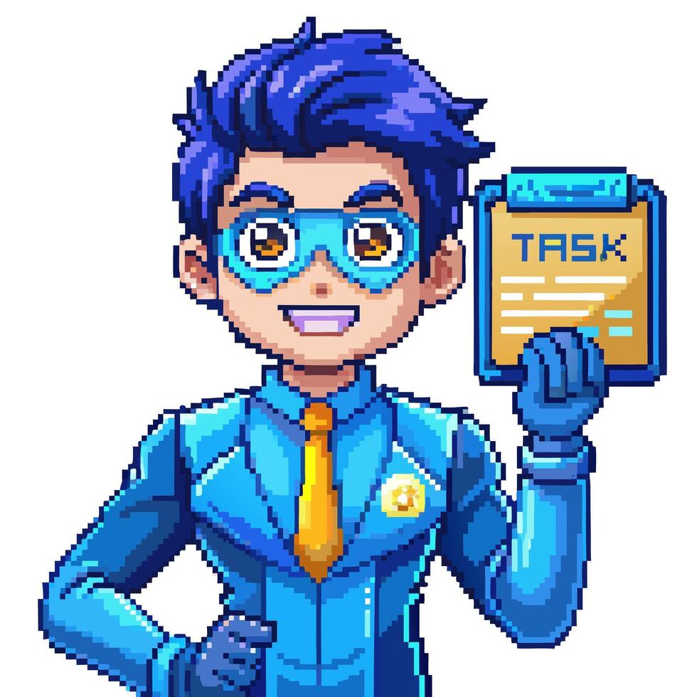 Pixel Art Superhero with Task List in Blue Suit and Glasses vector