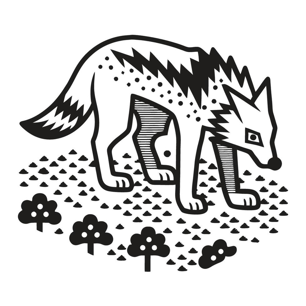Illustrated wolf in forest landscape with geometric patterns vector