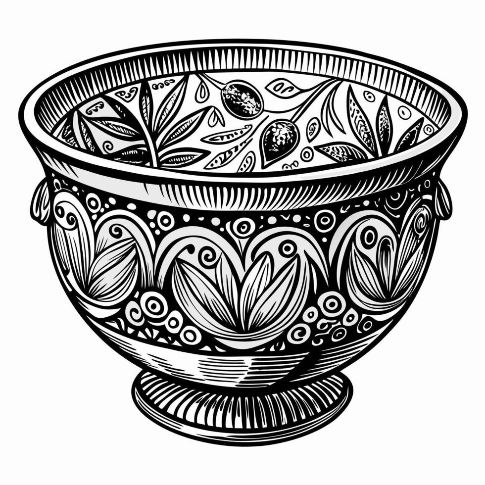 Hand Drawn Ornate Ceramic Bowl with Intricate Floral and Leaf Patterns vector