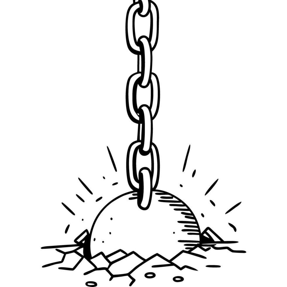 heavy wrecking ball breaking ground with chain impact in black and white illustration vector