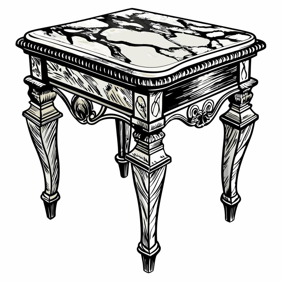 Antique Marble Top Table Illustration with Intricate Wood Carvings vector
