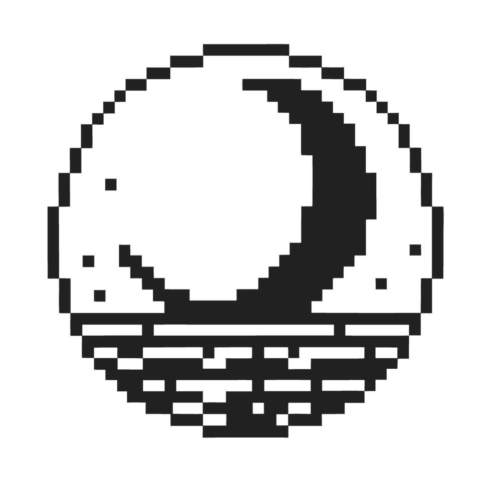 Pixel art crescent moon over horizon, black and white minimalist retro vector