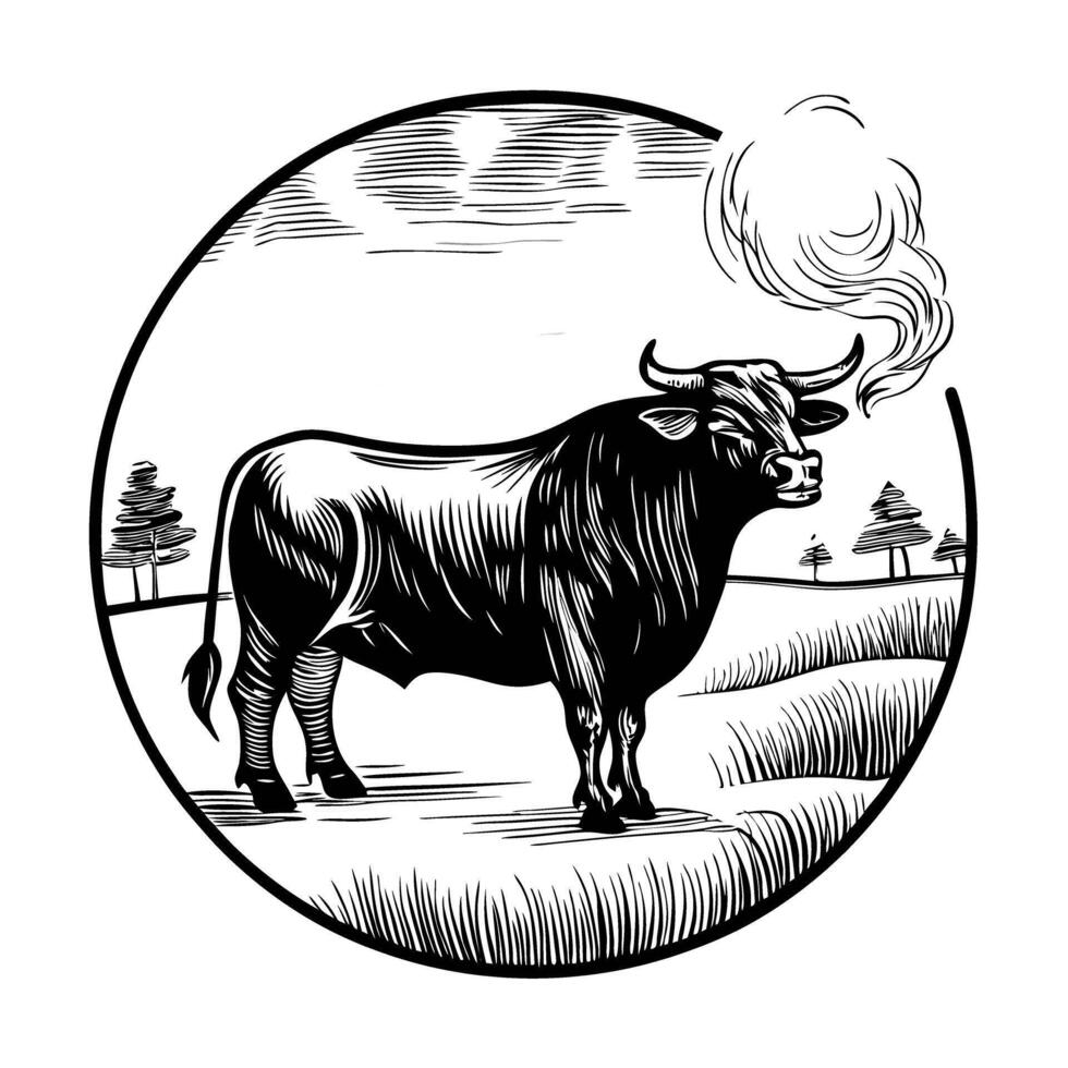 Bull in landscape black and white illustration, countryside scene vector