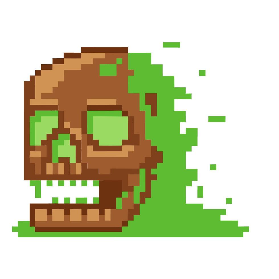 Pixelated green skull with glitch effect game art, retro 8 bit style, digital decay vector