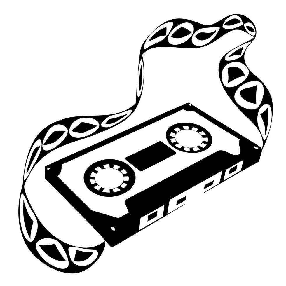 Retro cassette tape with unraveling magnetic tape in monochrome vector