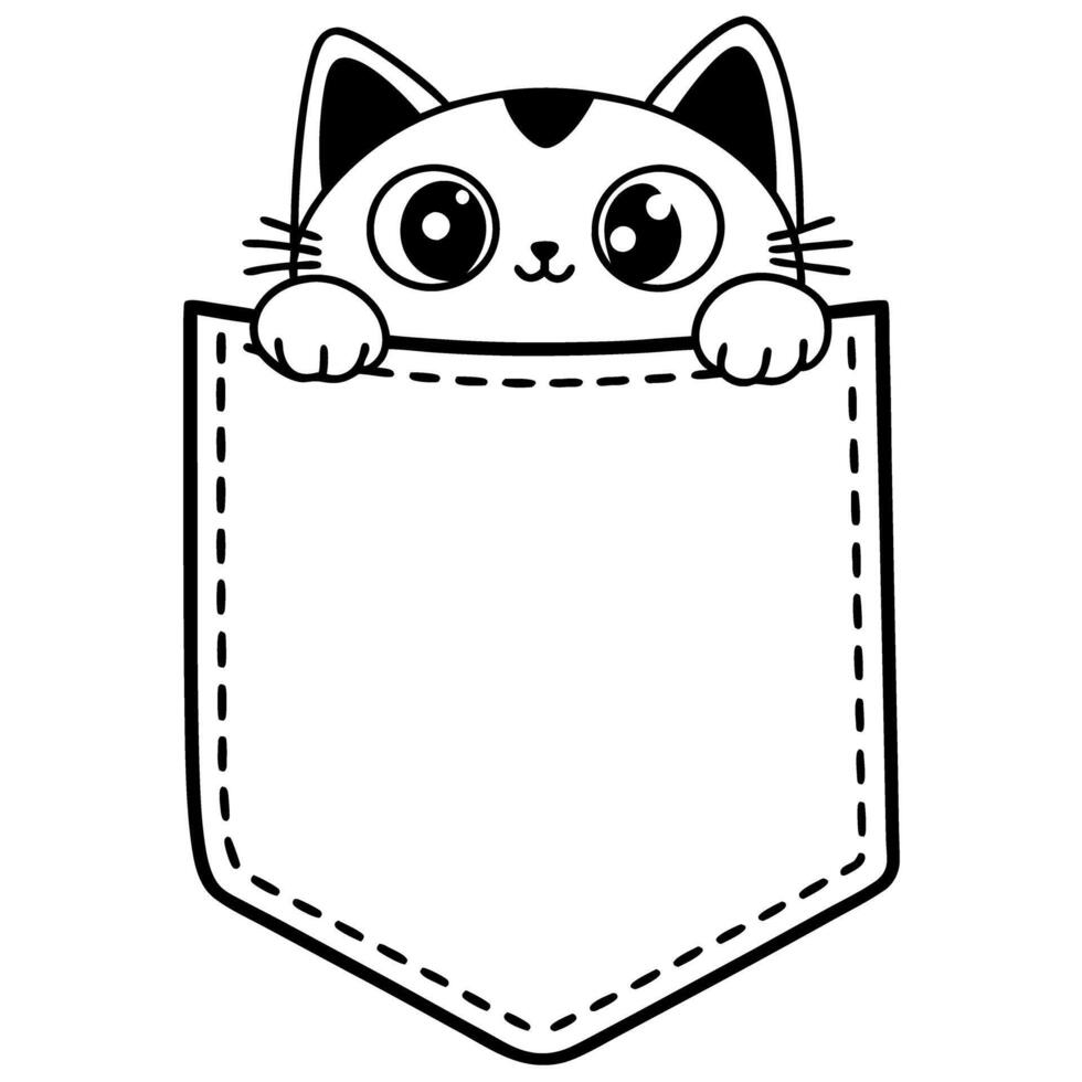 Cute cat peeking out of a pocket with stitching outline vector