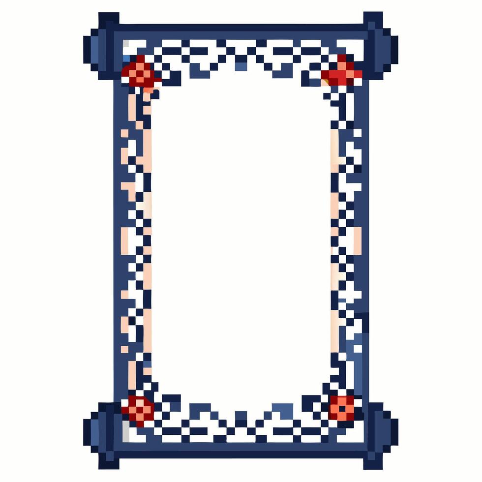 Ornate pixel art frame with floral motifs and geometric patterns in a retro style vector