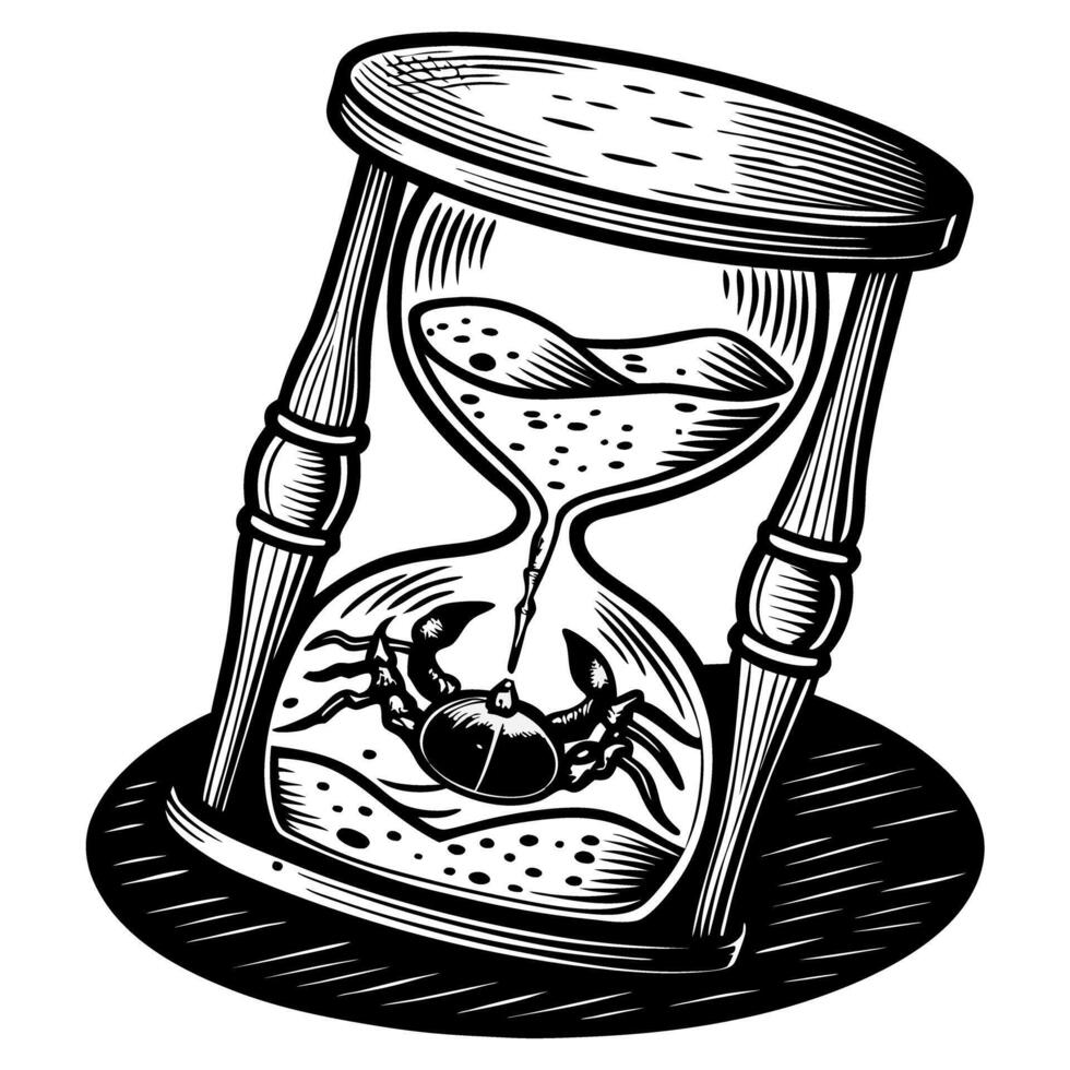 hourglass with crab illustration, time and nature concept, intricate black and white design vector
