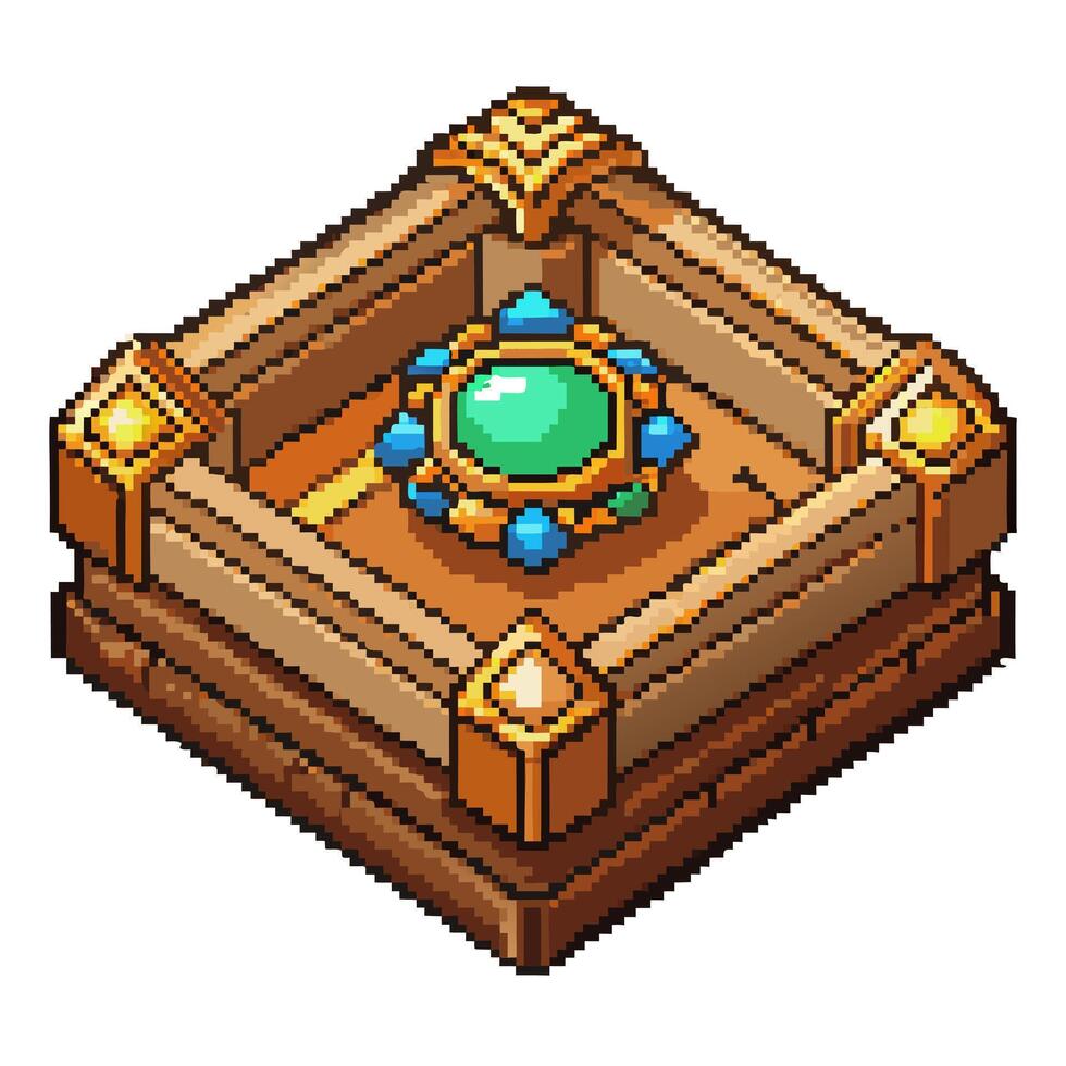 Isometric Pixel Art Illustration of a Treasure Chest with Emerald and Gold Accents vector