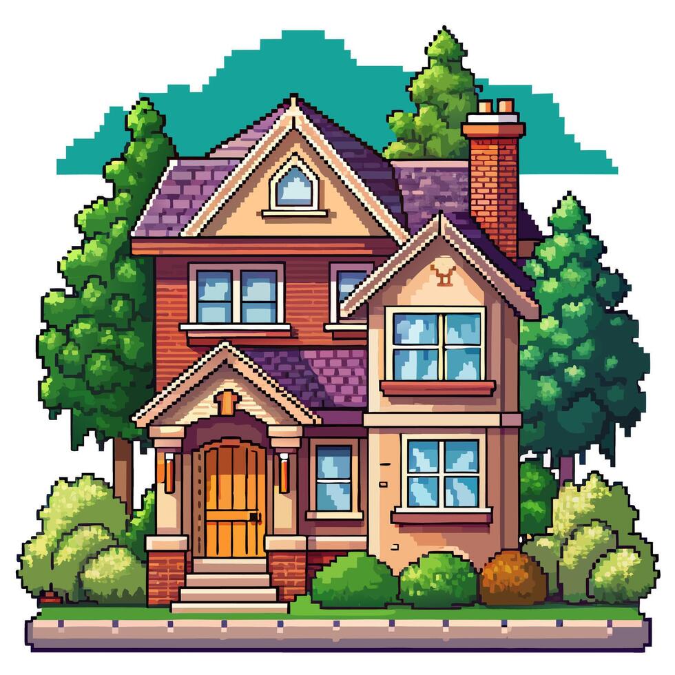 Charming Pixel Art House Surrounded by Lush Greenery and Trees vector