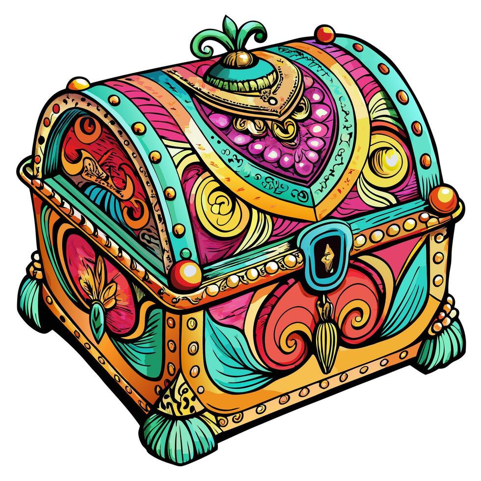 Colorful Decorative Treasure Chest with Intricate Patterns in Bohemian Style vector