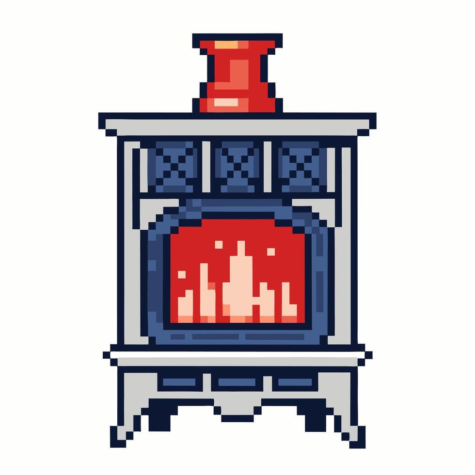 Retro Pixel Art Fireplace with Red Chimney and Blue Hearth Design vector