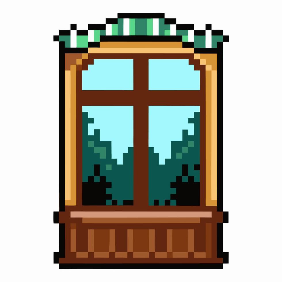 Pixel Art Window with Wooden Frame and Green Curtain, Retro Design, Nostalgic Vibes vector
