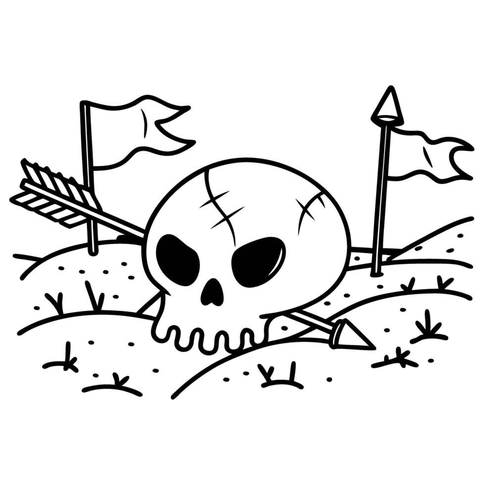 skull with crossed arrows and flags on battlefield illustration vector