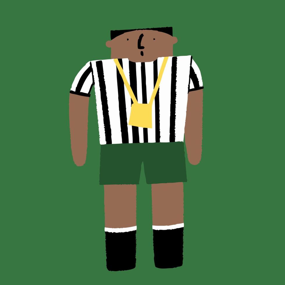 Referee with Whistle and Striped Shirt on Green Background vector