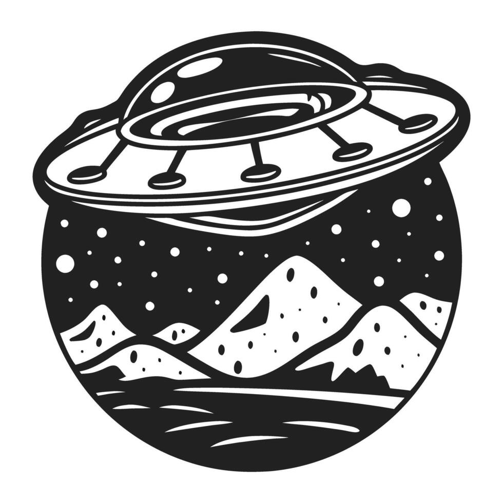 ufo hovering over snowy mountains under star filled night sky black and white illustration, extraterrestrial adventure vector
