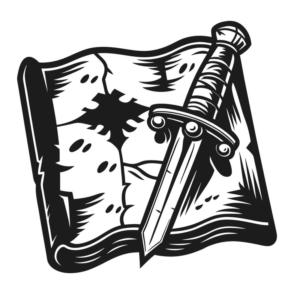 Treasure map and dagger illustration adventure, exploration, mystery theme in black and white vector