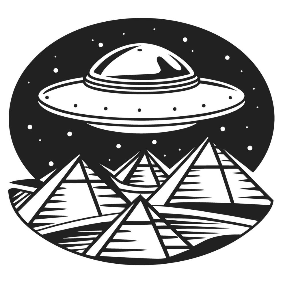 ufo hovering over pyramids, starry night sky ancient mysteries, cosmic exploration, extraterrestrial encounter vector