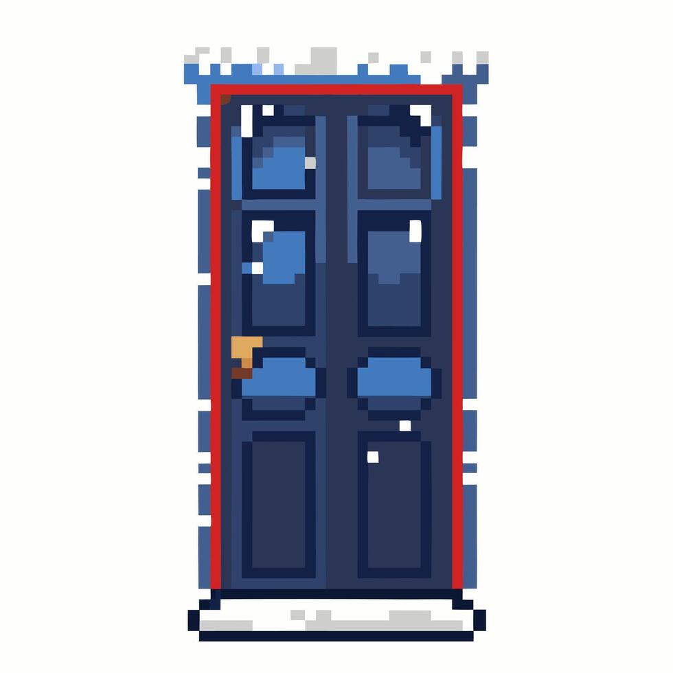 Pixel Art Winter Door with Snowy Frame in Retro Style vector