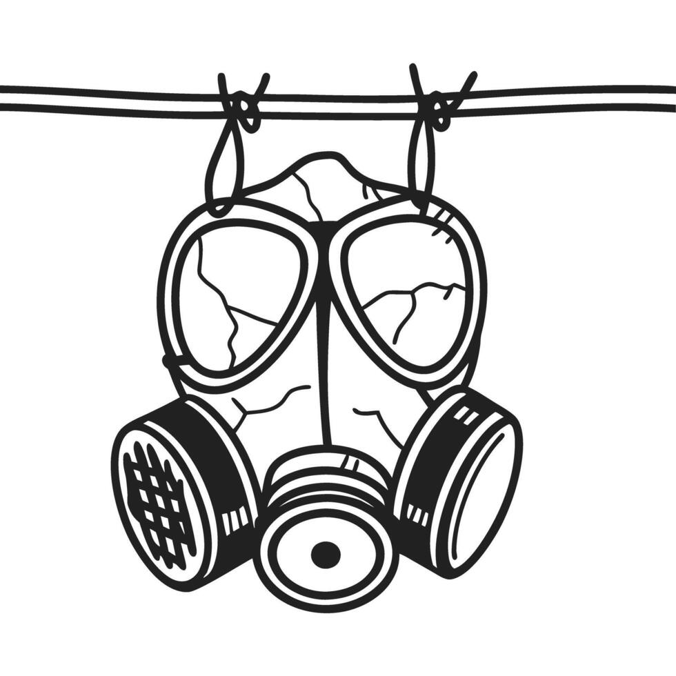 vintage gas mask illustration hanging on line, black and white art, survival theme vector