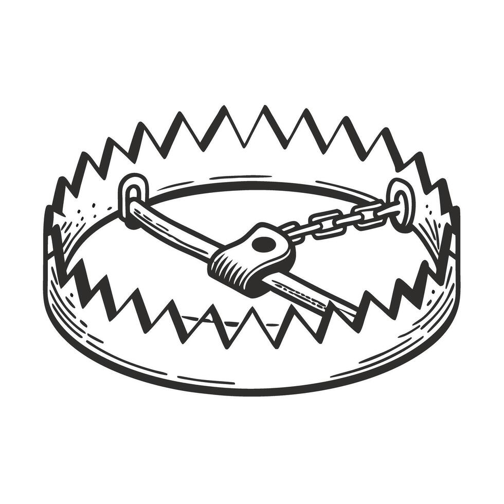 Bear trap illustration with sharp teeth and chain hunting, danger, safety, survival concept in black and white vector