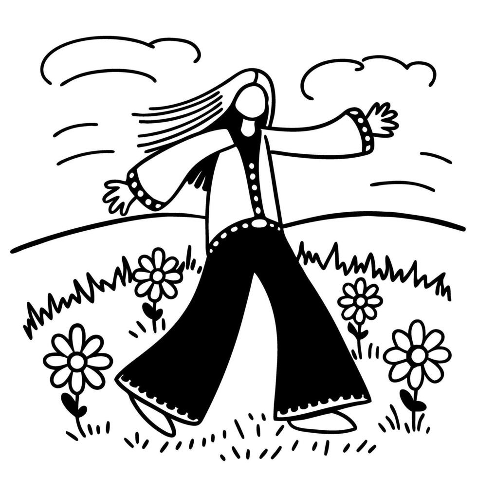 joyful person dancing in field with flowers simple black and white line art, happiness outdoors vector