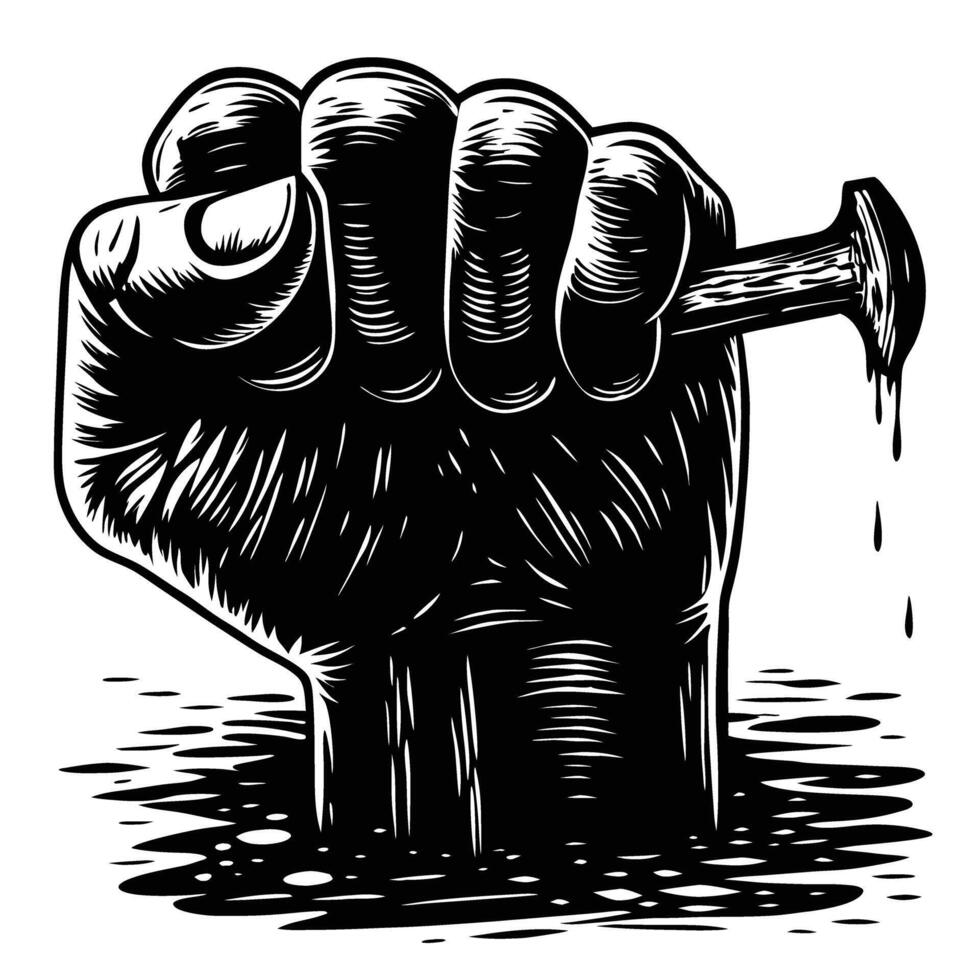 powerful raised fist with nail, symbolic of struggle and resilience in monochrome design vector