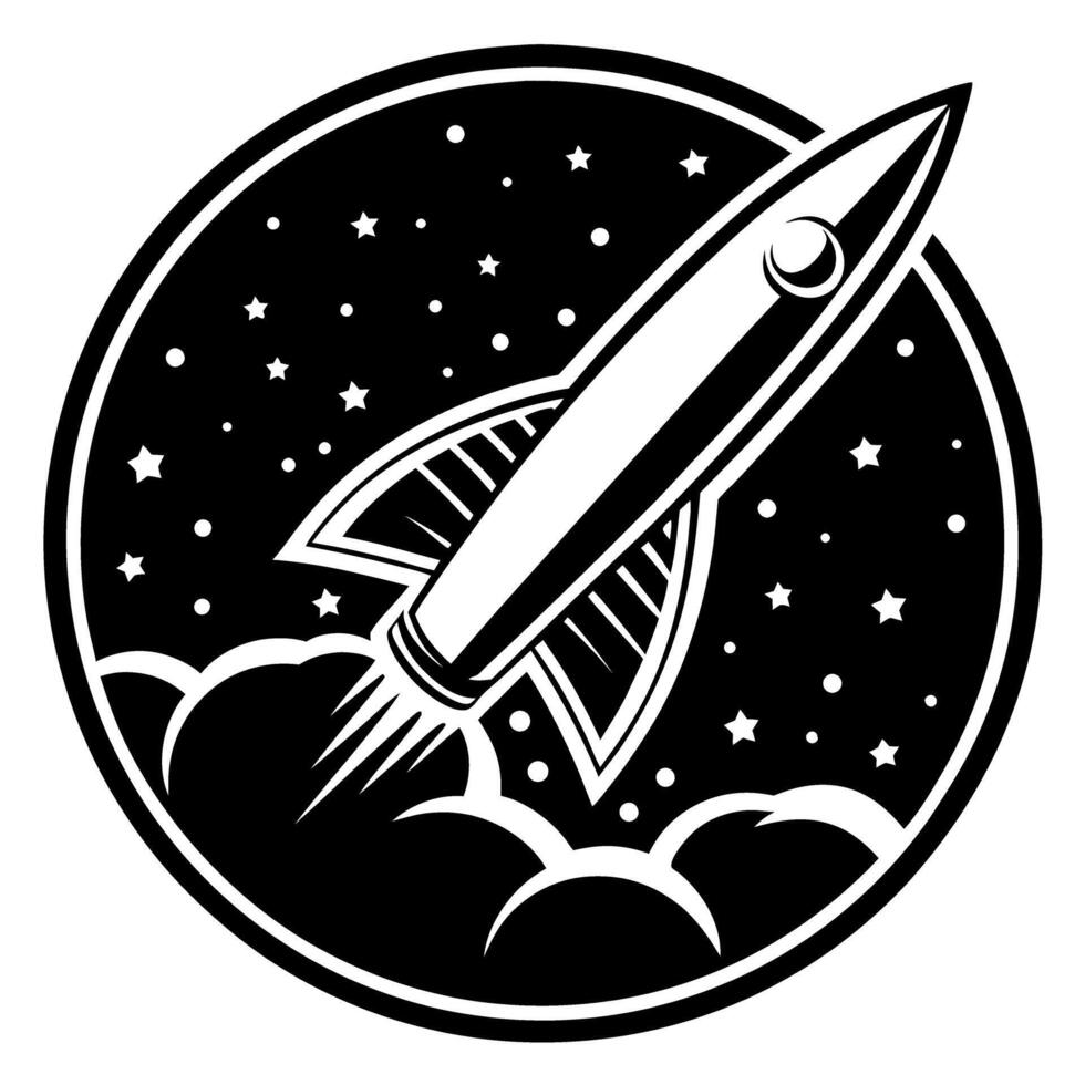 Retro rocket launching in night sky, surrounded by stars and clouds vintage space exploration symbol vector