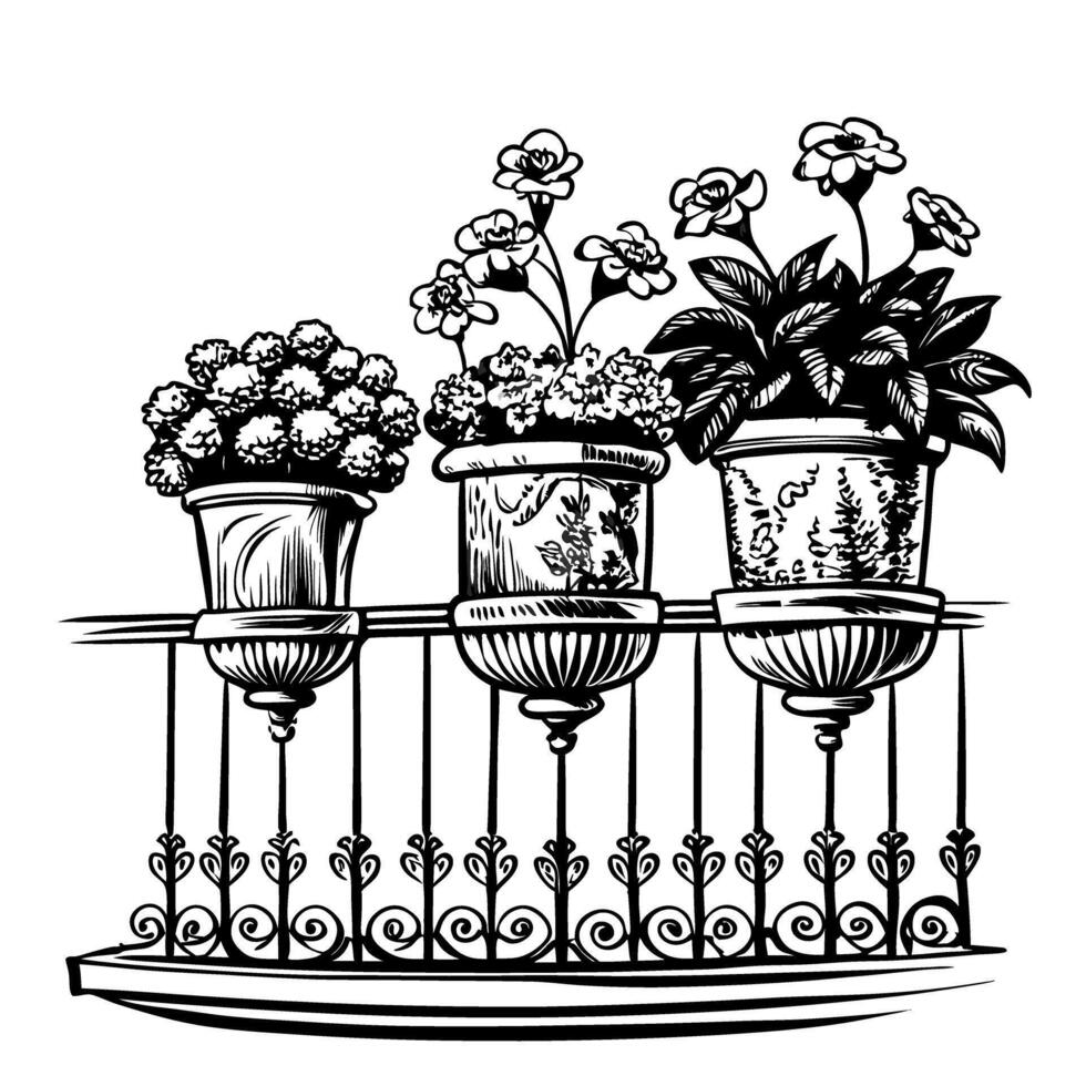 Elegant Balcony with Ornate Flowers Exquisite Illustration of Potted Plants on a Decorative Railing vector