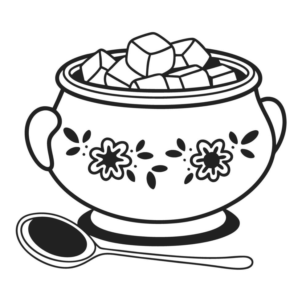 Ornate ceramic soup bowl with spoon and geometric design vector