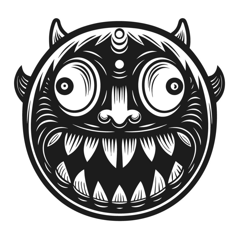 intricate black and white demon face, tribal art mythical creature with sharp teeth, intense eyes, fierce expression vector
