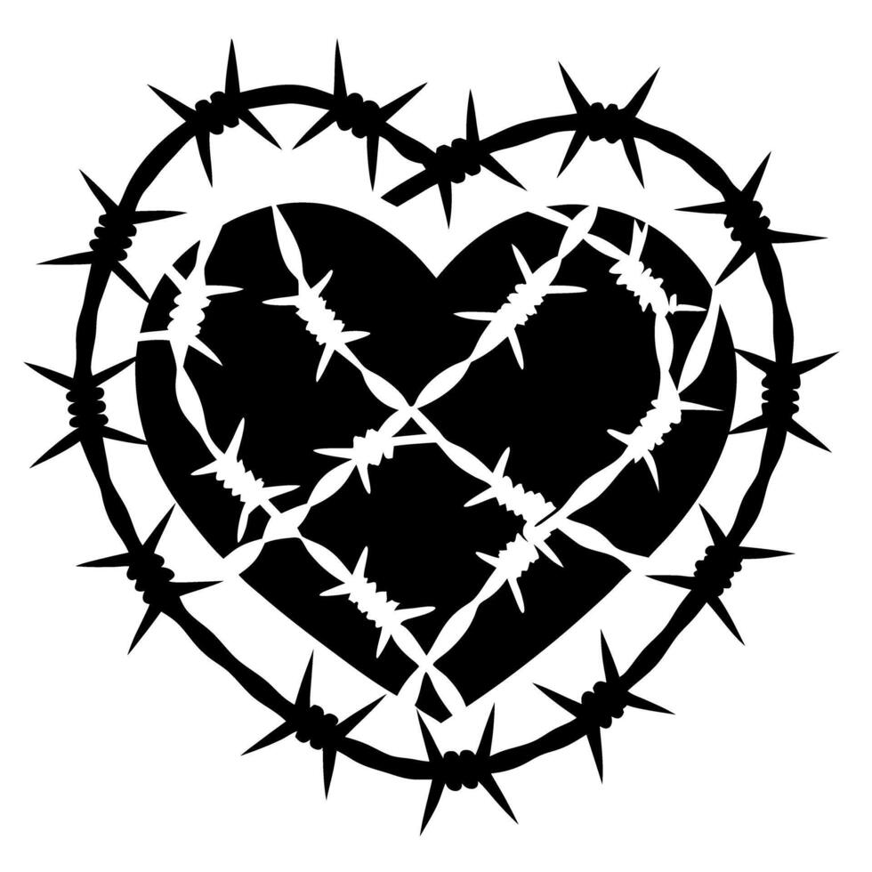 Heart entangled in barbed wire, symbolizing love and pain, black and white illustration vector