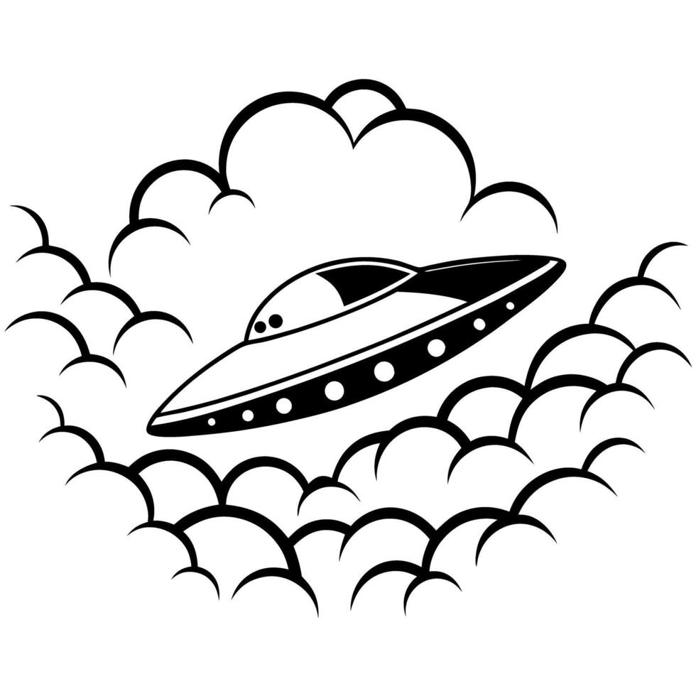 ufo flying through cloudy sky black and white illustration of alien spaceship in motion vector