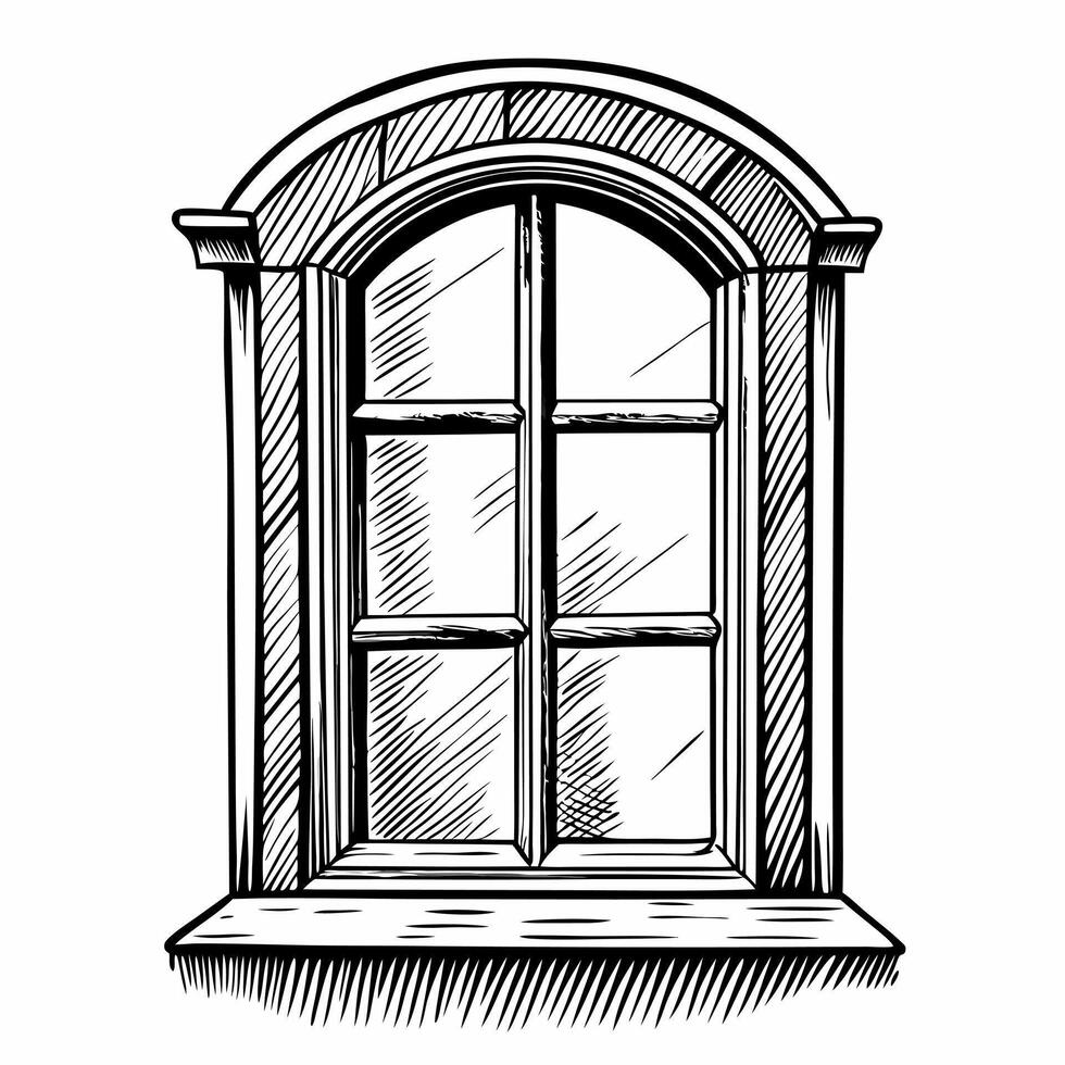 Hand drawn vintage window sketch, arched design, rustic architecture illustration, classic artistic style vector