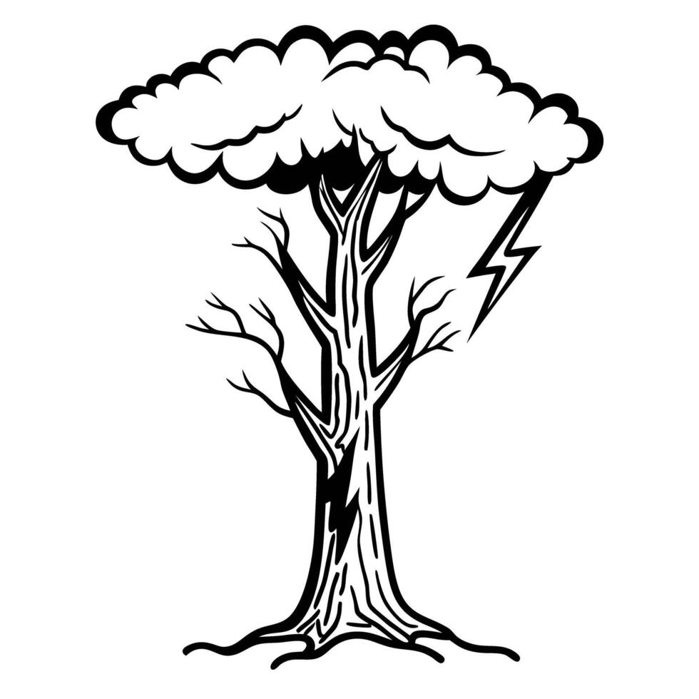 stormy tree with lightning bolt dramatic nature symbol, thundercloud, electric energy concept vector