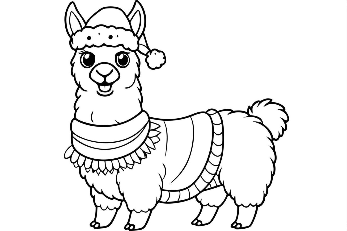 Line Art Llama with Santa Hat and Scarf Isolated on Transparent Background Drawing vector