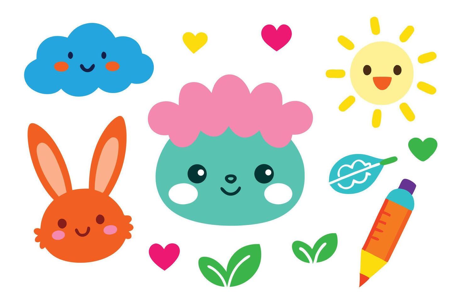 Flat Cartoon Set With Smiling Sun, Cloud, Monster, Rabbit, Heart, Leaves, Pencil vector