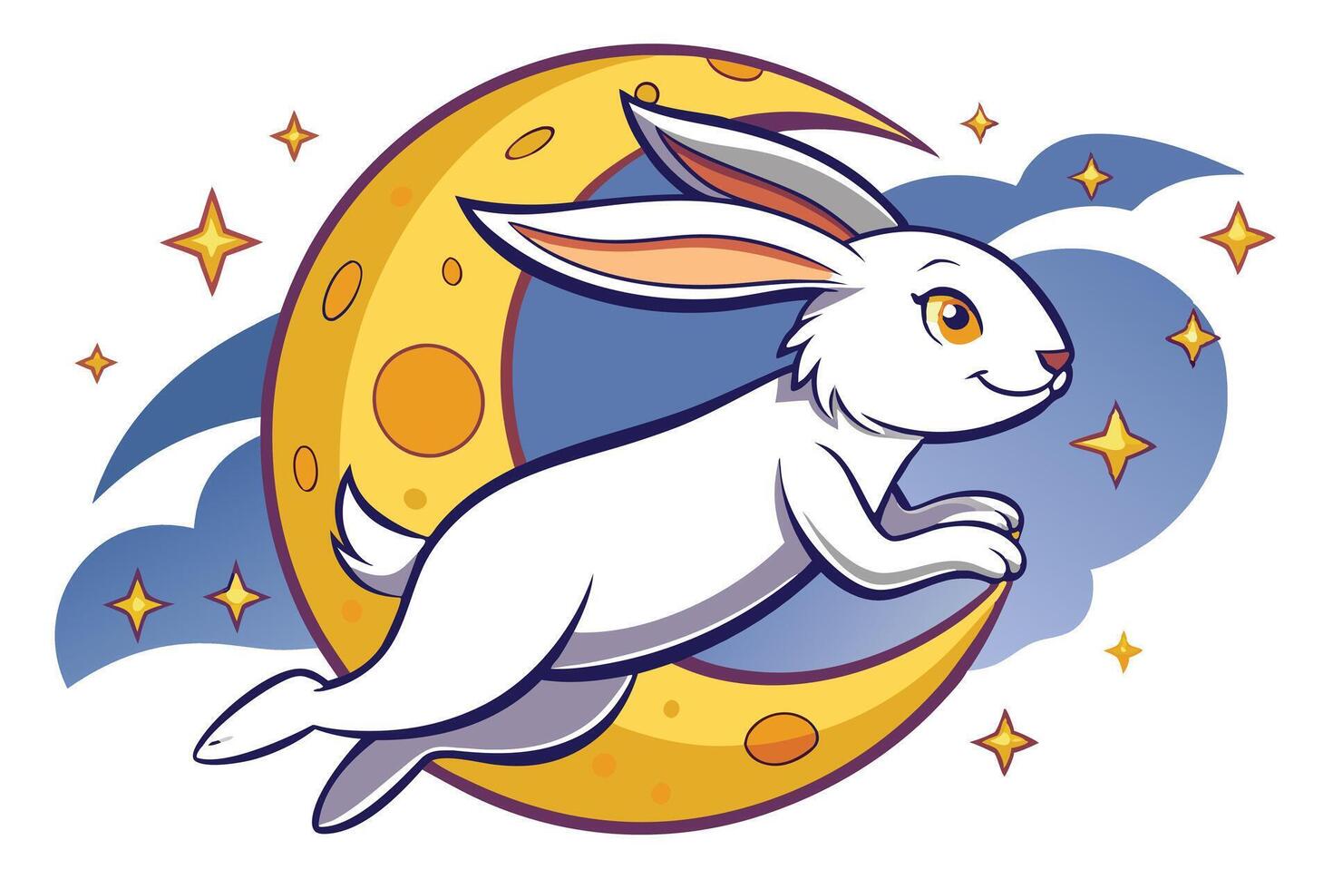 Cartoon White Rabbit Leaping on Crescent Moon with Stars vector