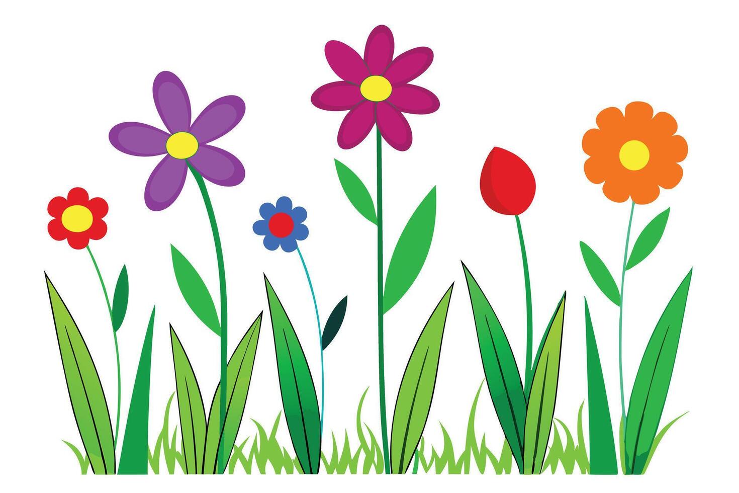 Colorful Cartoon Flowers with Green Leaves on White Background vector