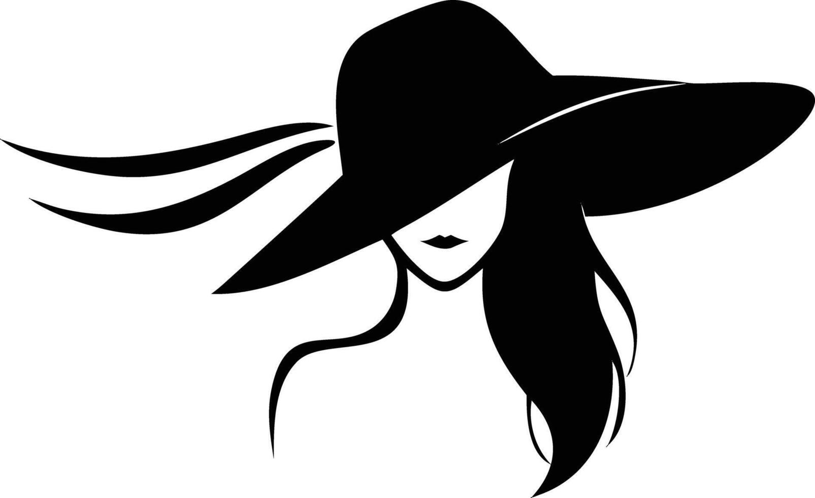 Elegant Woman Silhouette with Hat, Long Hair, Minimalist Design on White Background vector