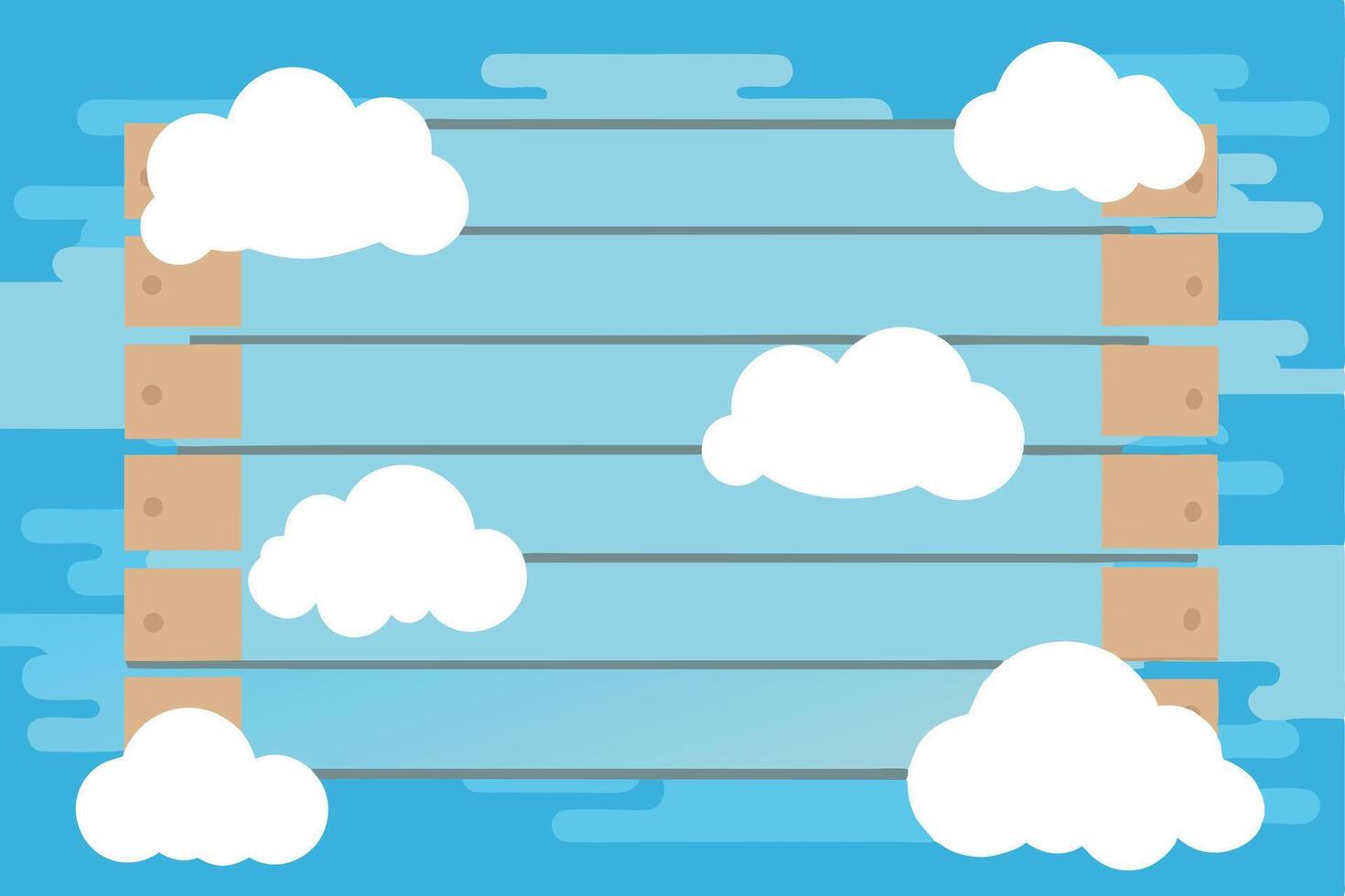 Sky background with wood frame, white clouds, and light blue horizontal panels vector