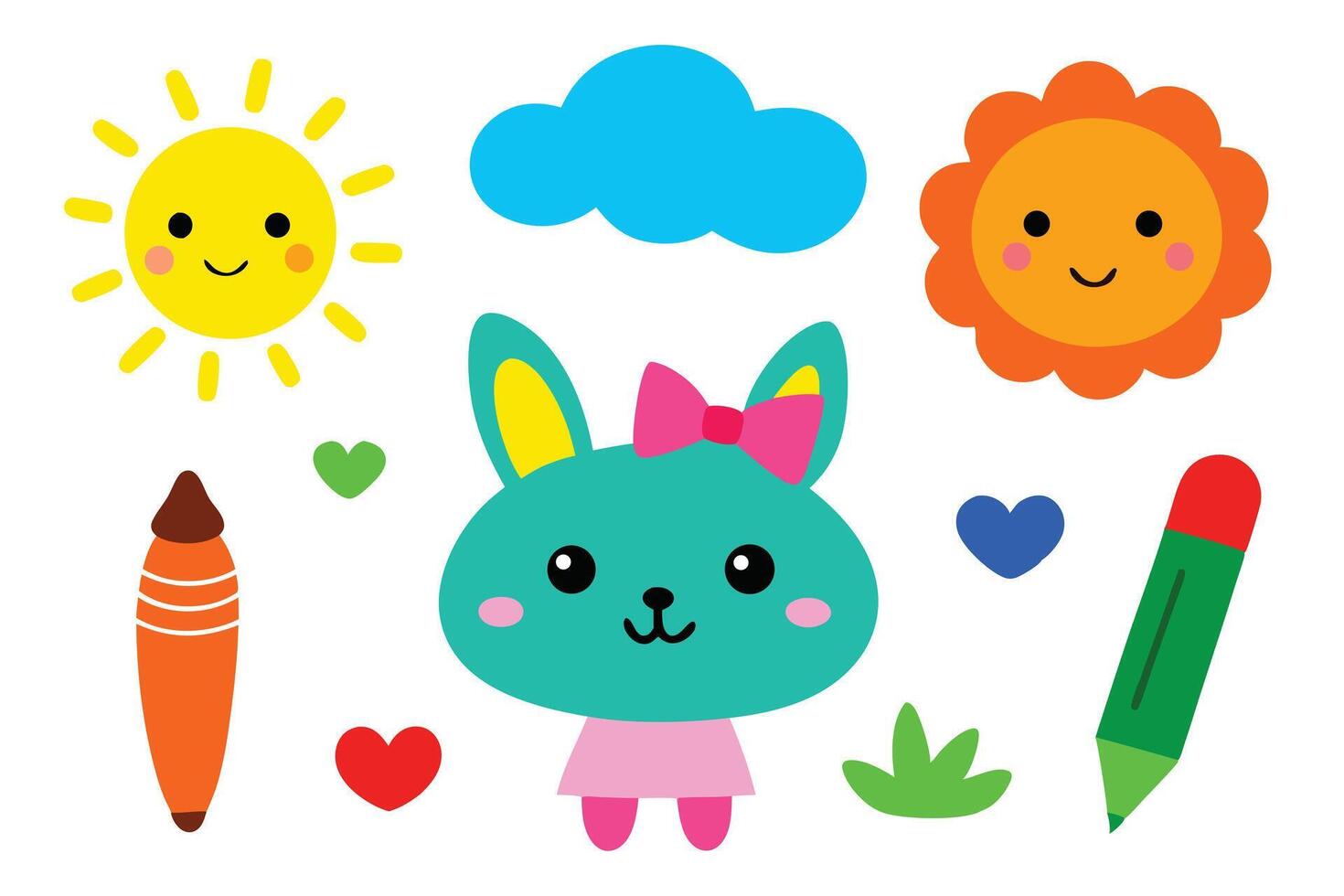 Whimsical Bunny With Sun, Cloud, Hearts, and Pencils on a White Isolated Background vector