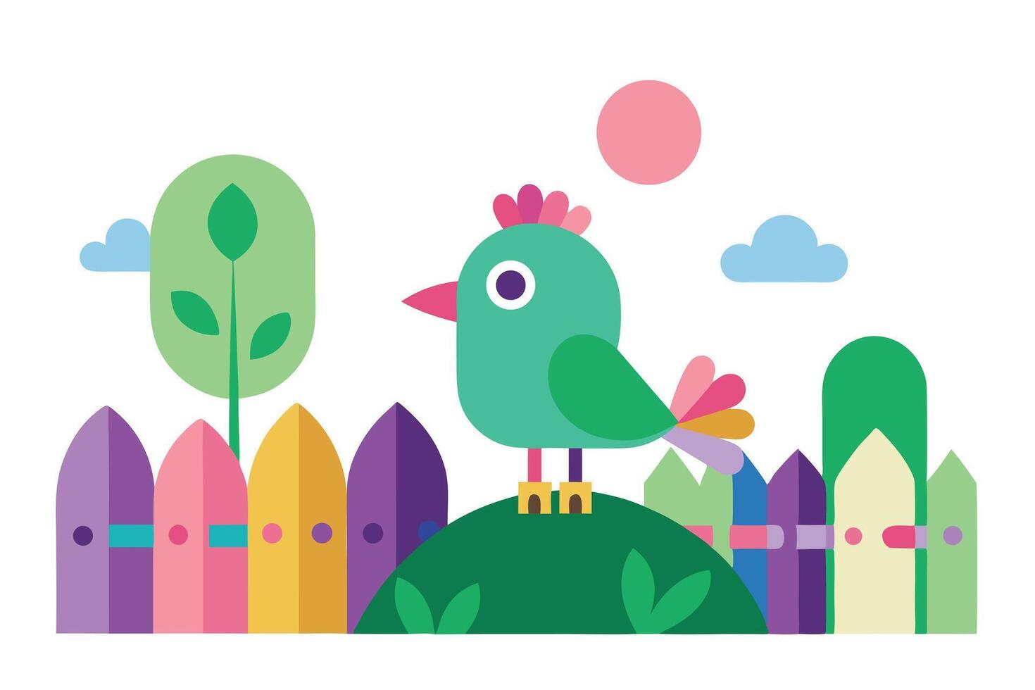Flat Cartoon Bird on Green Hill with Fence, Trees, Cloud, Sun, and White Background vector