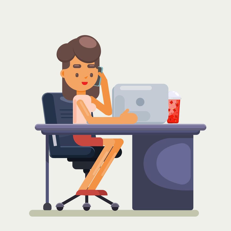 Businesswoman sitting in the office illustration design, still working with his laptop vector