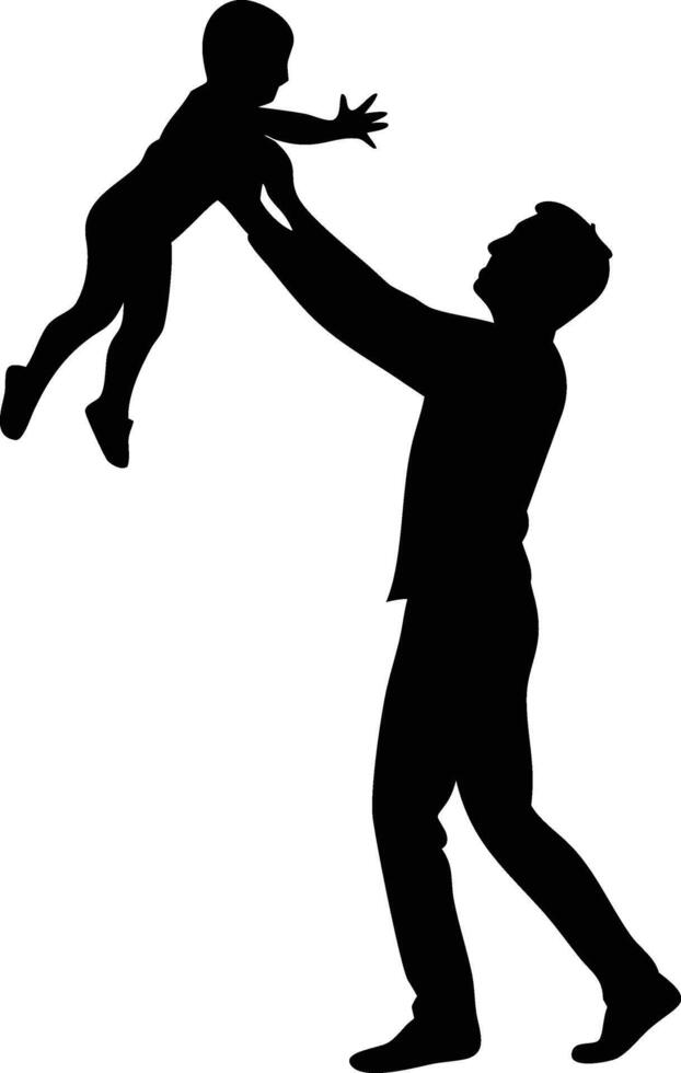 Silhouette of Man Lifting Child in Air on White Background, Celebration vector