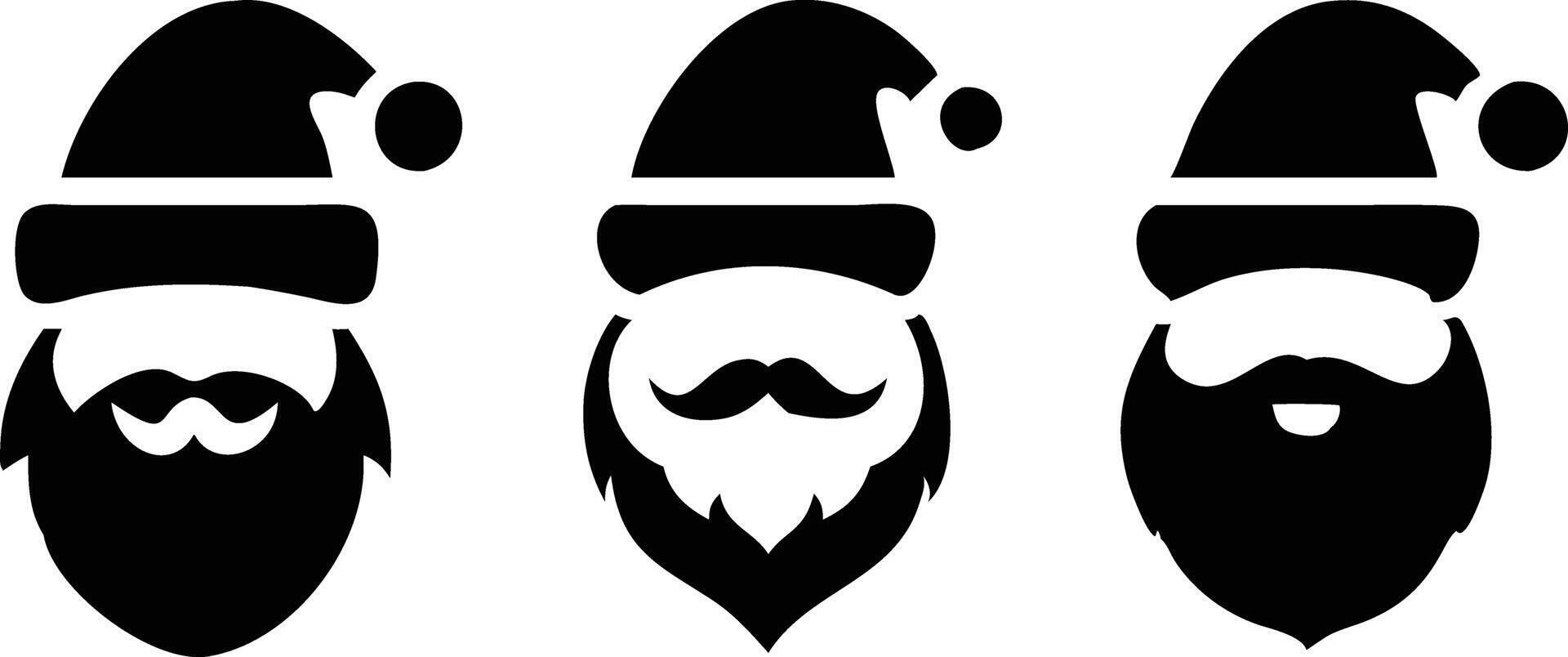 Santa Claus Hat Beard Silhouette Icons, Festive Heads, vector