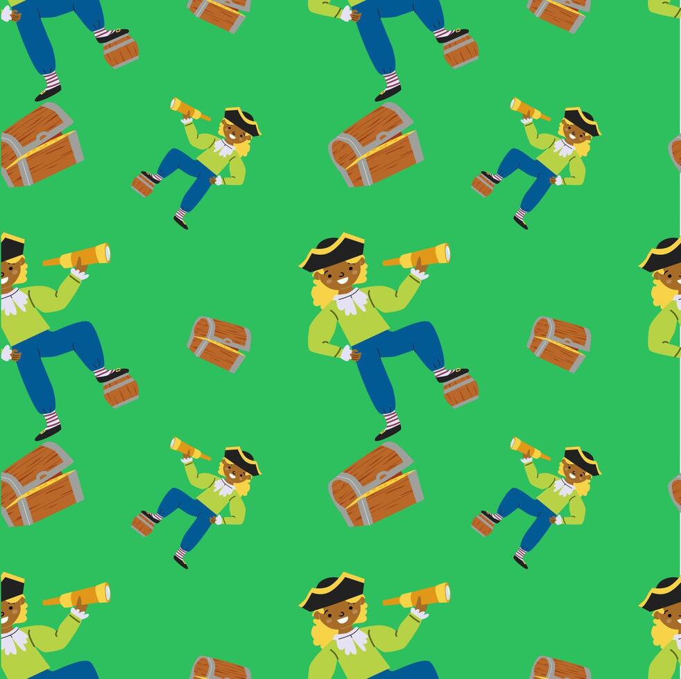 Seamless pattern with young male pirate adventure on green background vector