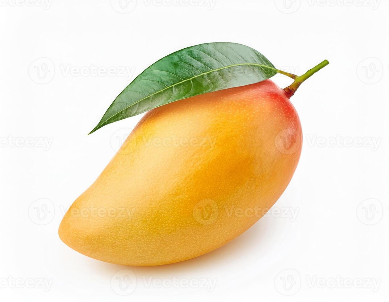 Ripe Yellow Mango with Green Leaf Isolated on White Background Perfect for Tropical Fruit Recipes or Health Food Designs photo