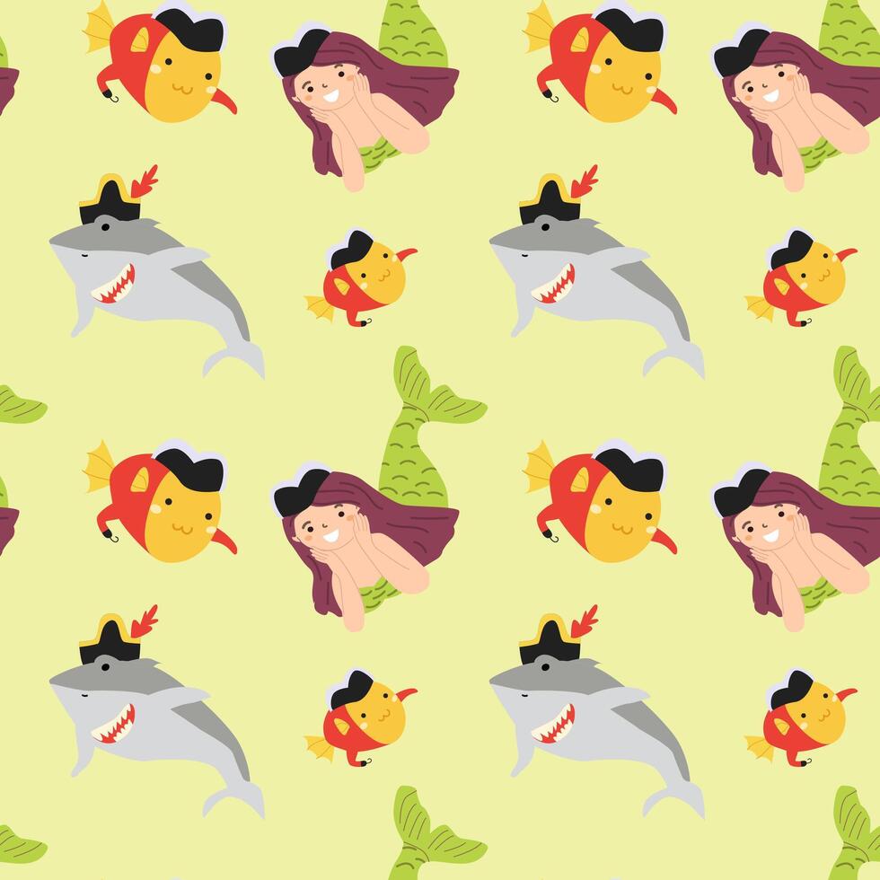 Playful pirate and sea creature pattern with cartoon sharks and mermaids vector