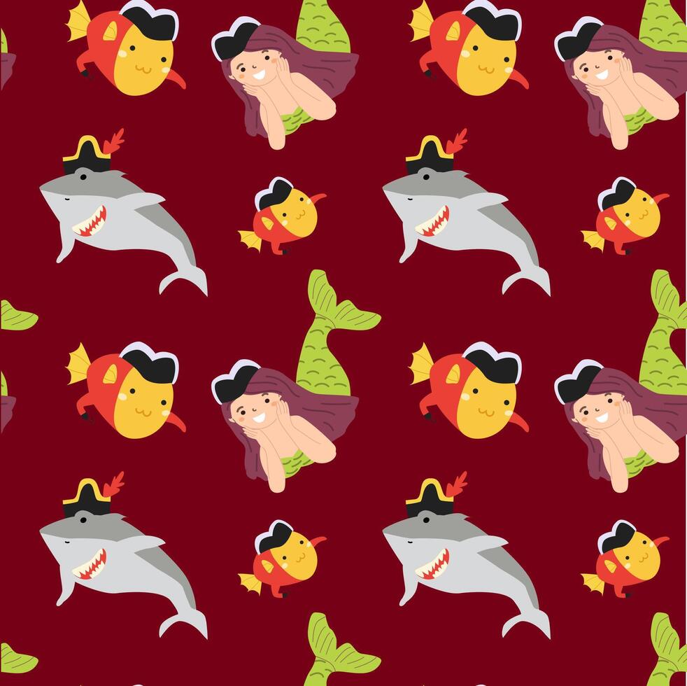 Cartoon sea creatures pattern with mermaids, sharks, and fish on red background vector